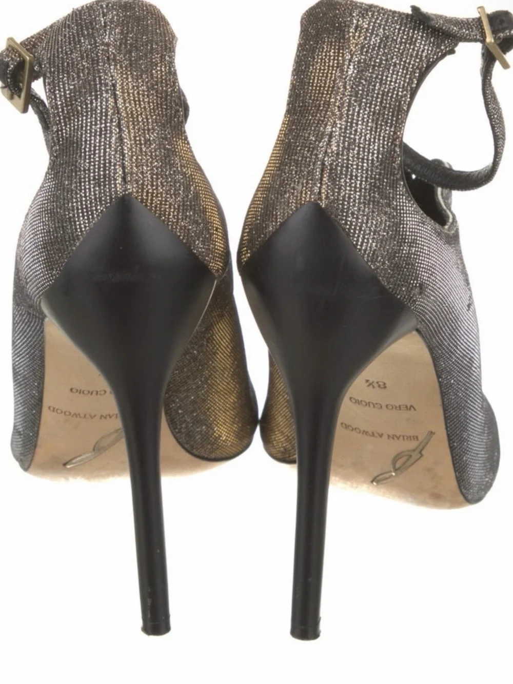 Brian Atwood Metallic Black and Gold Peep-Toe Slingback Heels